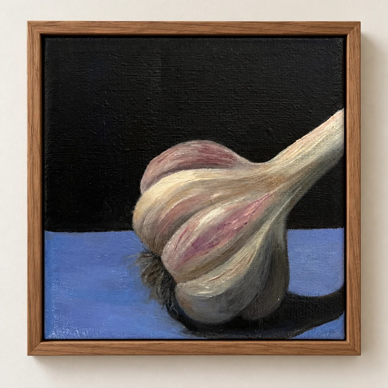 Een knoflookbol tegen zwart en blauw, in een houten lijst.