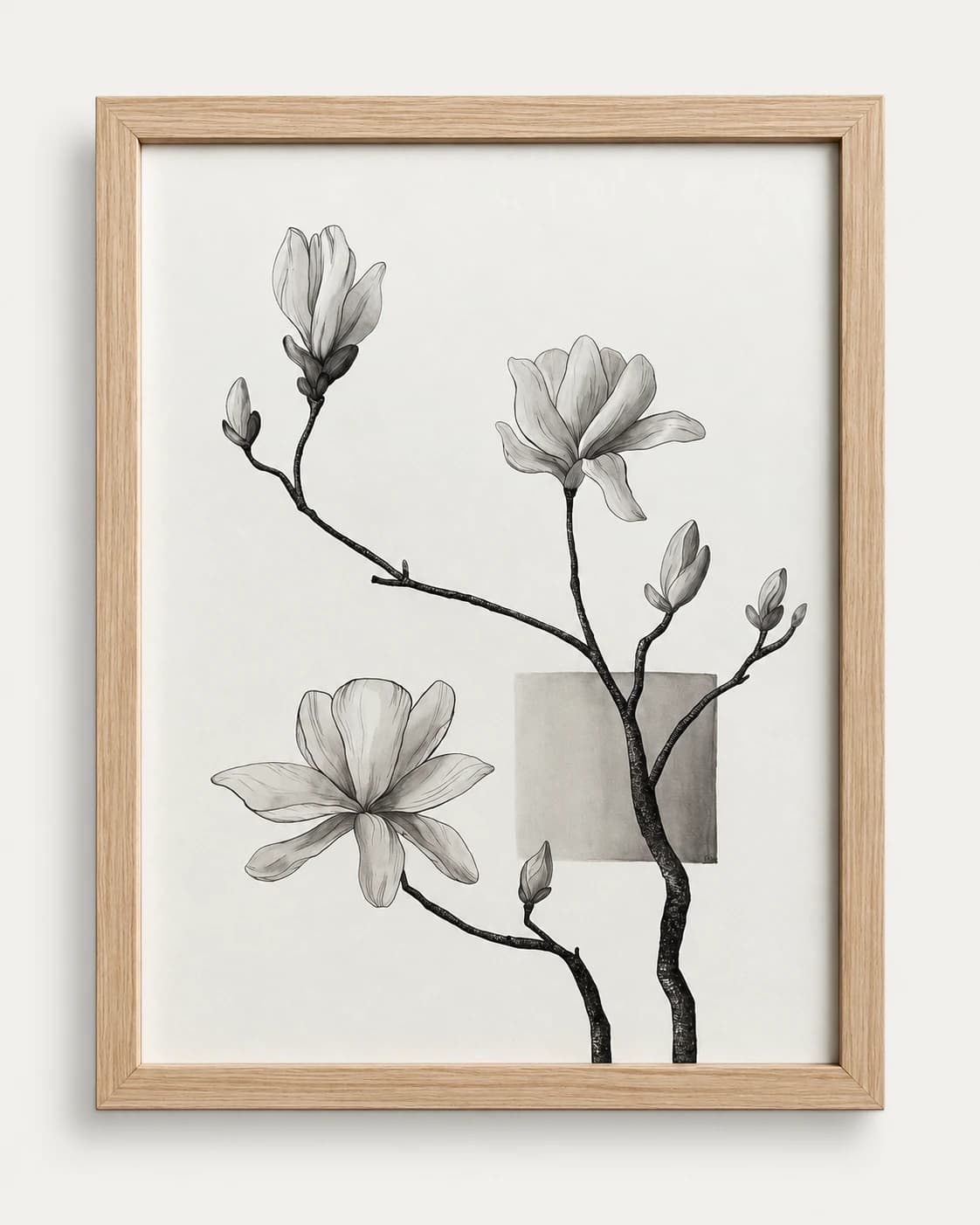 Een getekende magnoliatak met open bloemen en knoppen, in een lichte houten lijst.