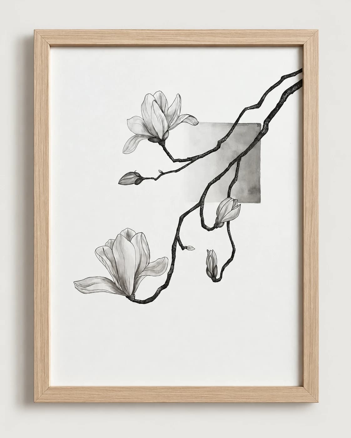 Een getekende magnoliatak met hangende bloemen, in een lichte houten lijst.
