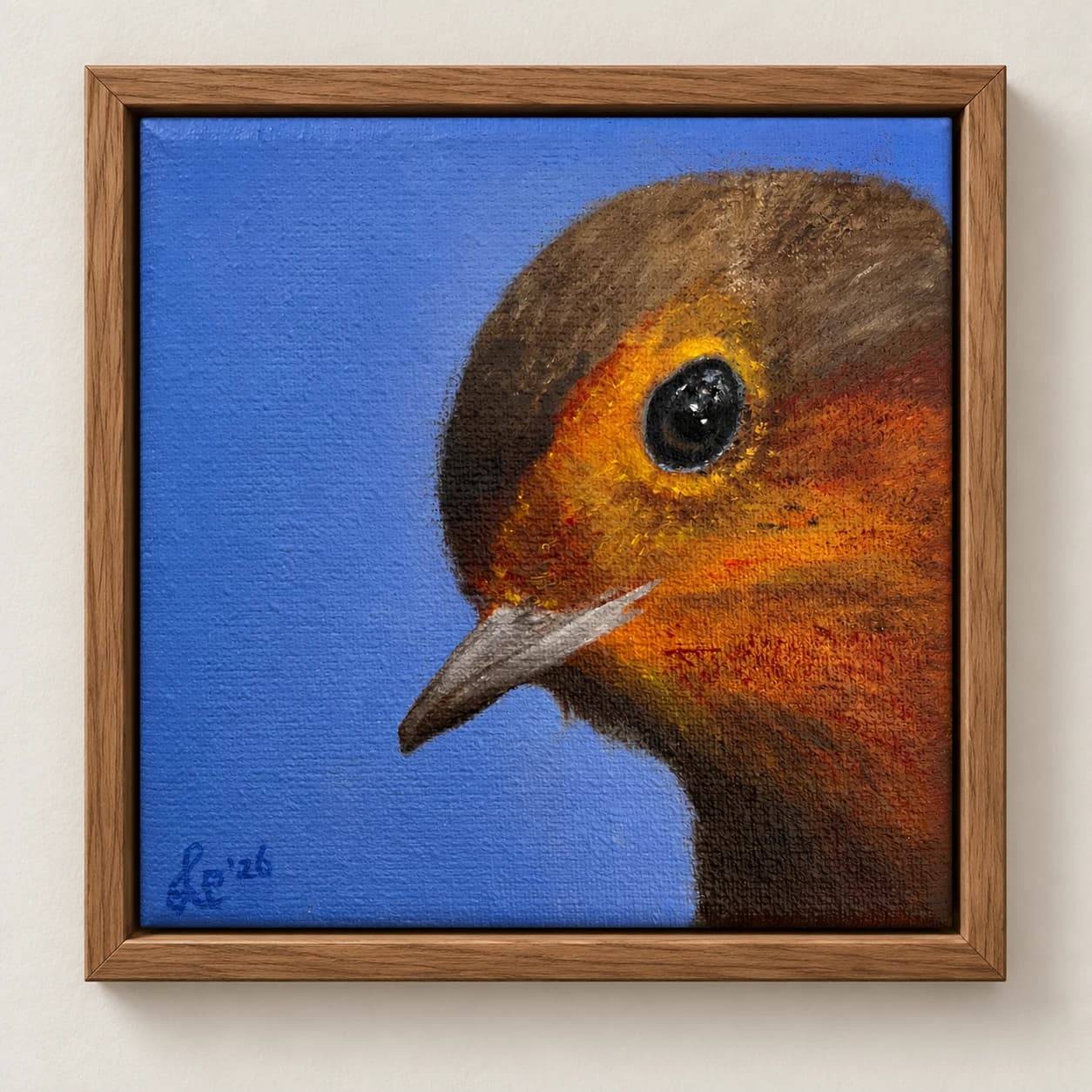 Een close-up van een vogelkop tegen een blauwe achtergrond, in een houten lijst.